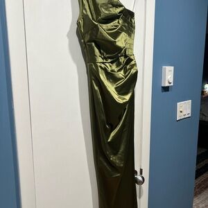 One Shoulder Olive Green Satin Dress